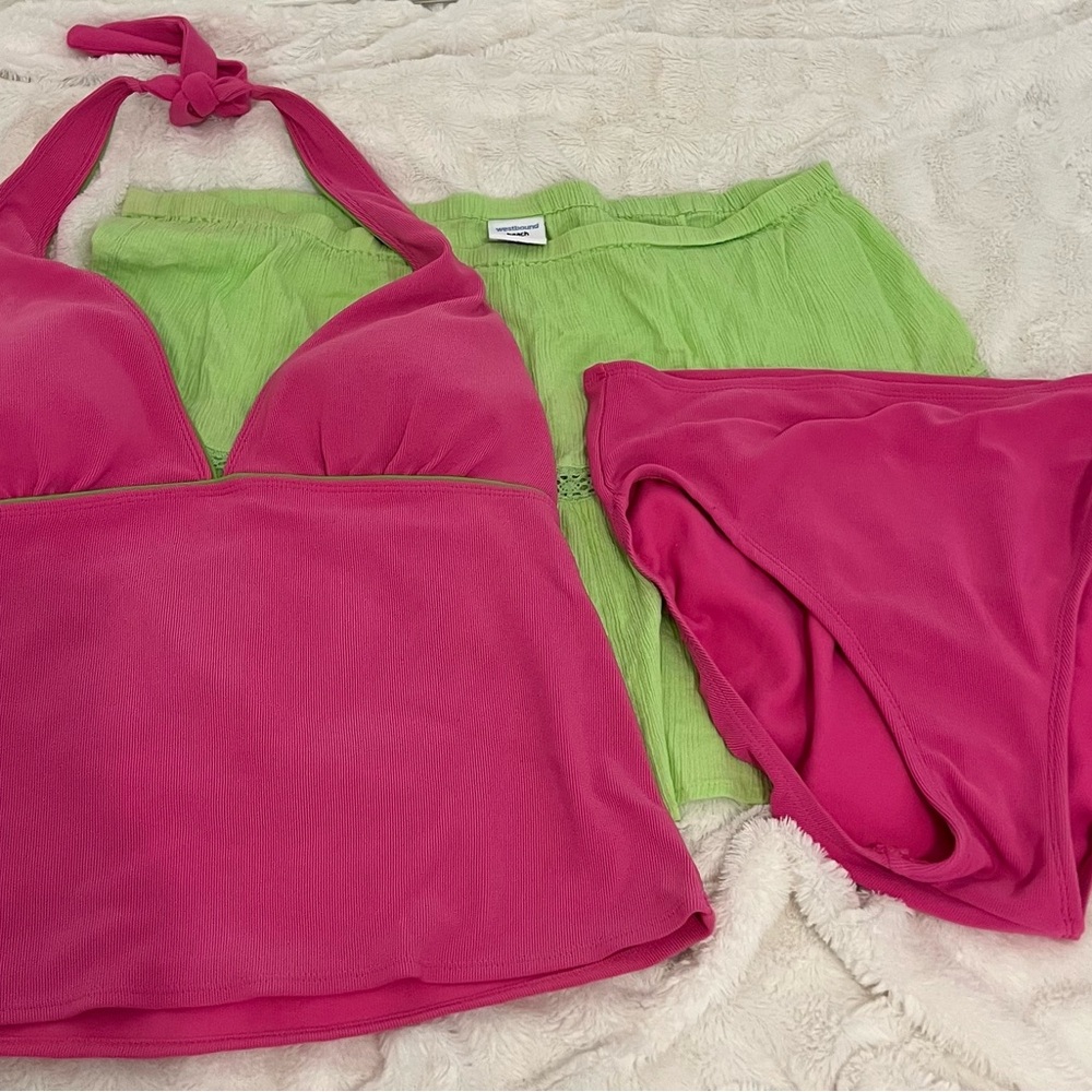 Pink Halter Bikini Set with Green Cover-Up